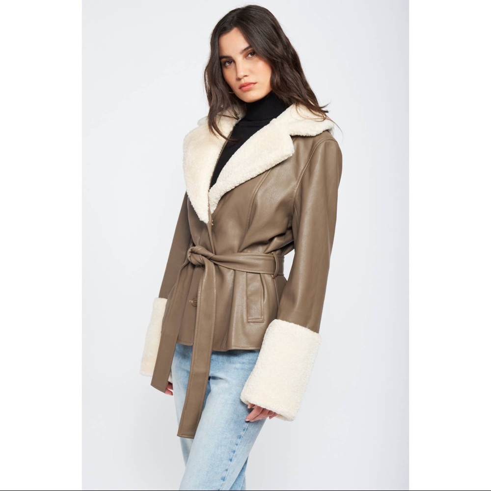 PRICE DROP Belted Faux Shearling Trimmed Taupe Leather Jacket - Picture 8 of 10